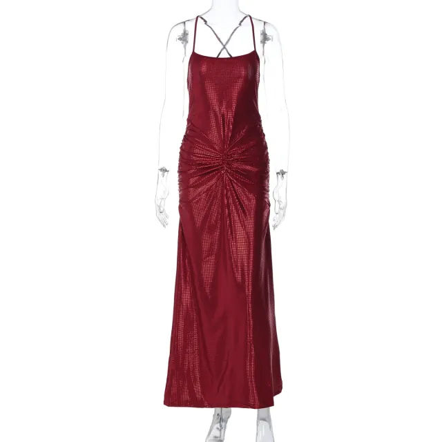Women's Sexy Backless Gold Embossed Pleated Bodycon Elegant Slip Dress Red - Shop at LoveMi