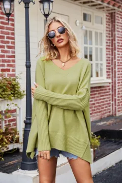 Women's Fashion Casual V-neck Pullover Sweater - Yellow Green - View 1