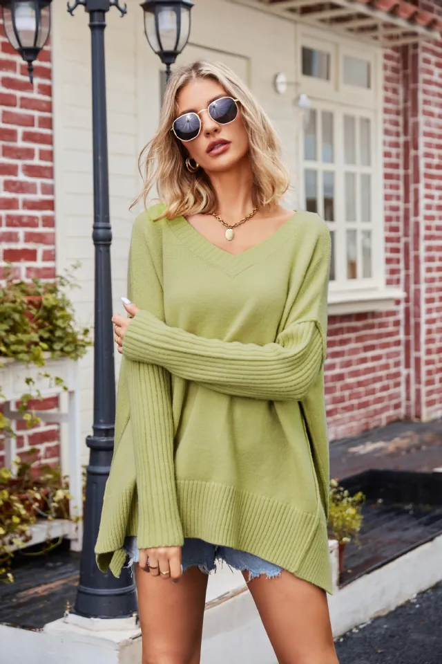 Women's Fashion Casual V neck Pullover Sweater Green - Shop at LoveMi
