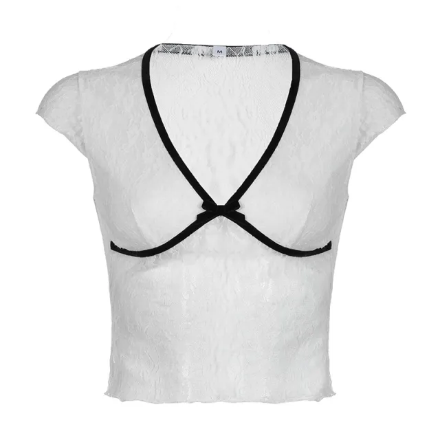 Lace Bow Patchwork Assorted Colors Slim Fit Flying Sleeves T shirt White - Shop at LoveMi