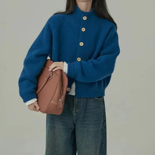 Autumn And Winter High grade Loose Short Idle Style Solid Color Knitted Cardigan Blue - Shop at LoveMi