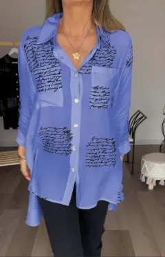 Letter Print Long Sleeve Shirt Fashion Commuter Style Lapel Shirt Women's Clothing - Dark Blue - View 1