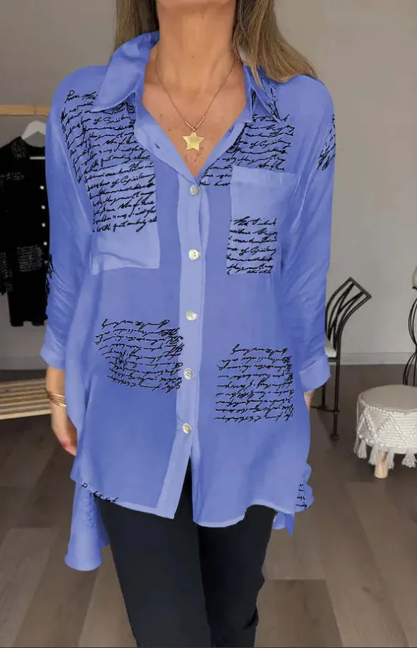 Letter Print Long Sleeve Shirt Fashion Commuter Style Lapel Shirt Women's Clothing Dark Blue - Shop at LoveMi