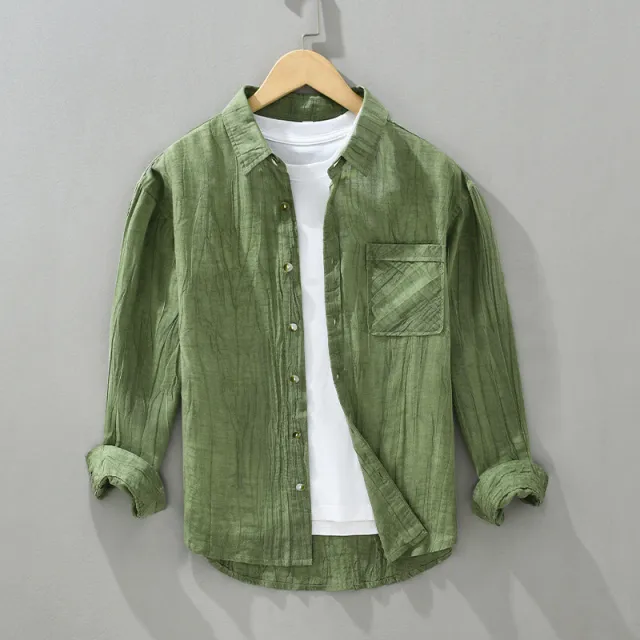 Pleated Lapel Long Linen Sleeves Retro Solid Color Casual Loose Youth Cotton Linen Shirt Grass Green - Shop at LoveMi