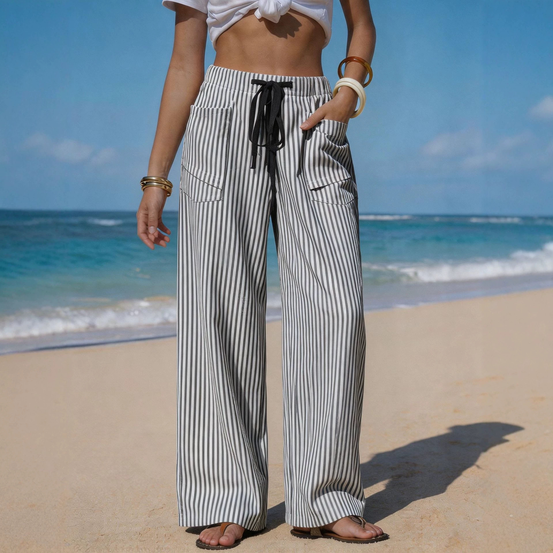 Linen-look Comfortable Drawstring-pocket Casual Pants For Vacation And The Beach