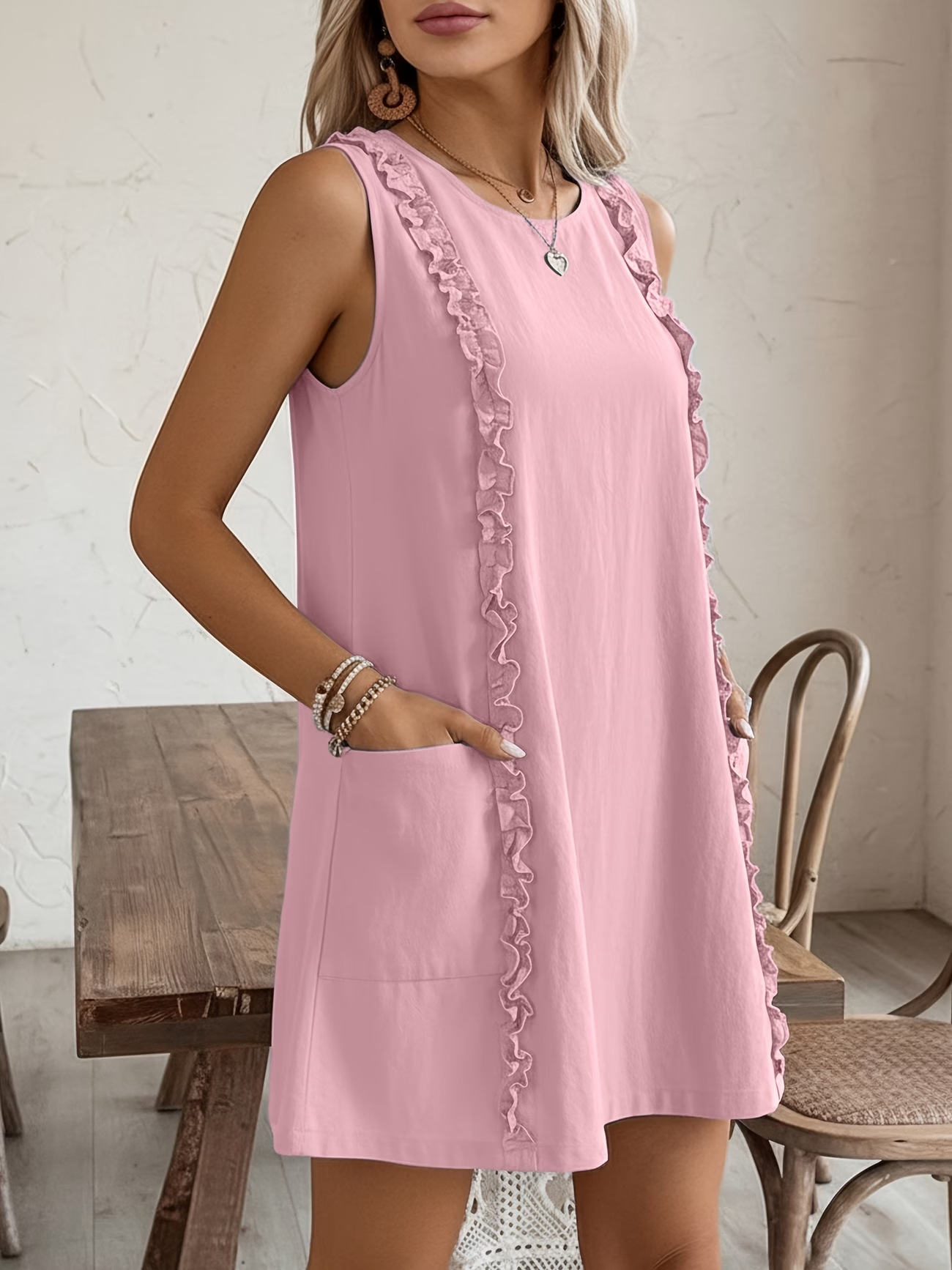 Women's solid color ruffle dress in khaki – lifestyle styling
