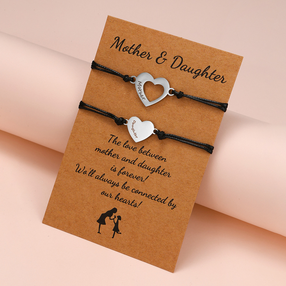 Creative Stainless Steel Engraved Heart-Shaped Wax-Thread Braided Card Bracelet