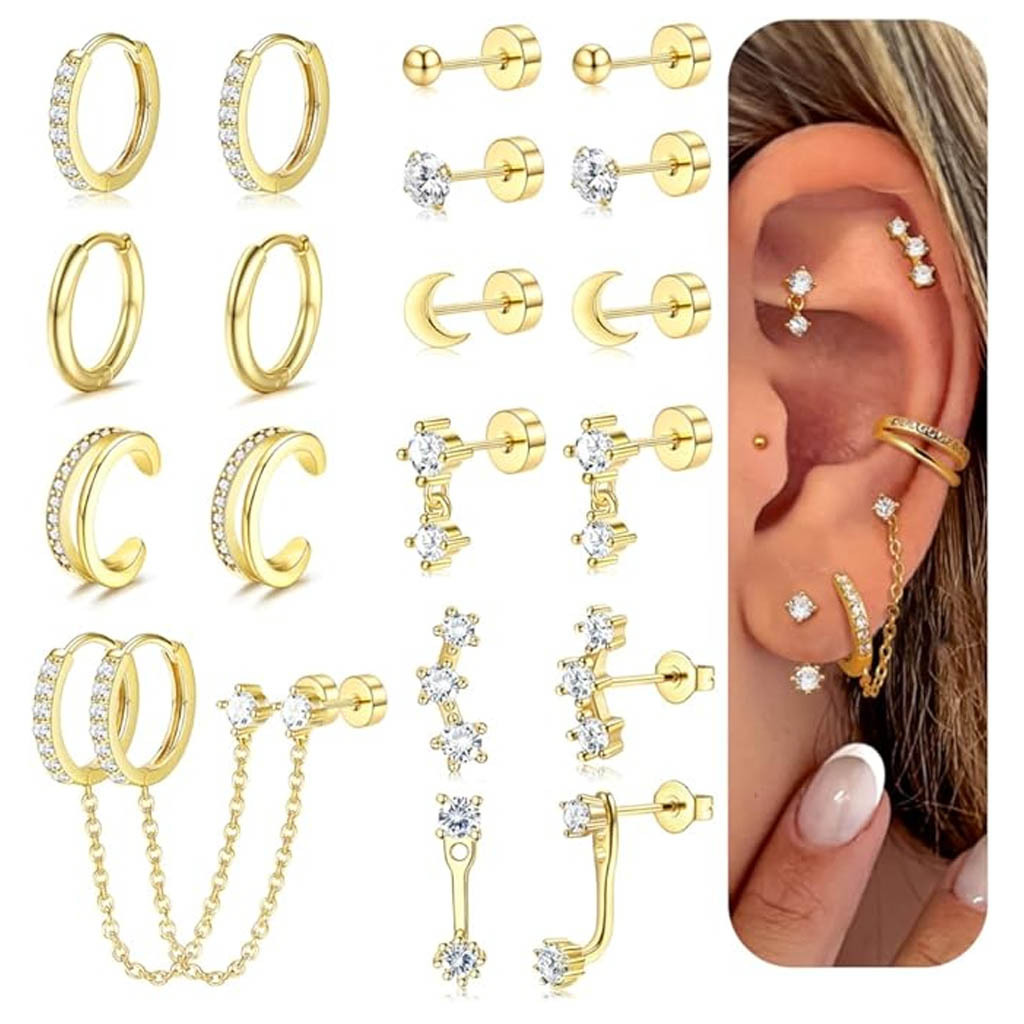 Real Gold-Plated Zircon Stud Earring Set
