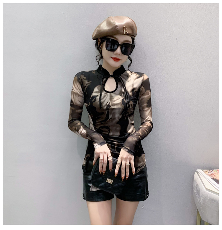 Retro Chinese Style Printed Voile Long Sleeve Top