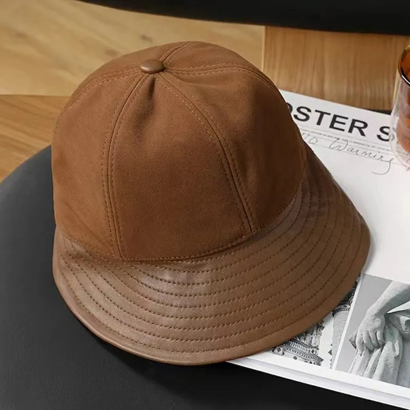 Autumn And Winter Genuine Leather Bucket Hat Korean Style - Khaki