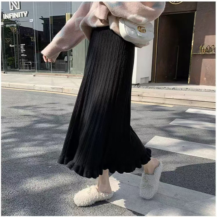 Women's Knitted Mid-length Ruffled Skirt For Fallwinter