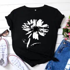 Women's Floral Printed Cotton Short-sleeved T-shirt Top - Black - View 1