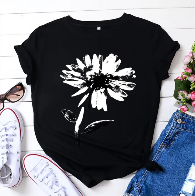Women's Floral Printed Cotton Short sleeved T shirt Top Black - Shop at LoveMi