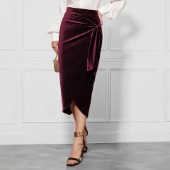 New Solid Colour Twisted Skirt Temperament Commute Autumn And Winter Split Velvet Dress - Wine Red - View 1