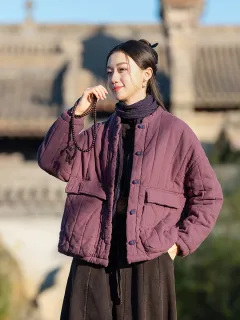 Womens Retro Colorblock Button-Loop Loose Short Cotton Padded Jacket - Purple - View 1