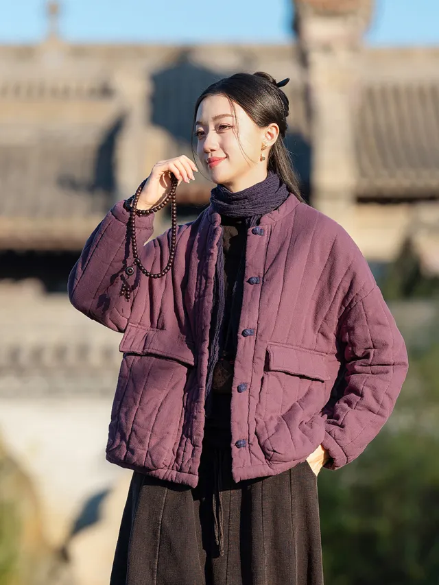 Womens Retro Colorblock Button Loop Loose Short Cotton Padded Jacket Purple - Shop at LoveMi