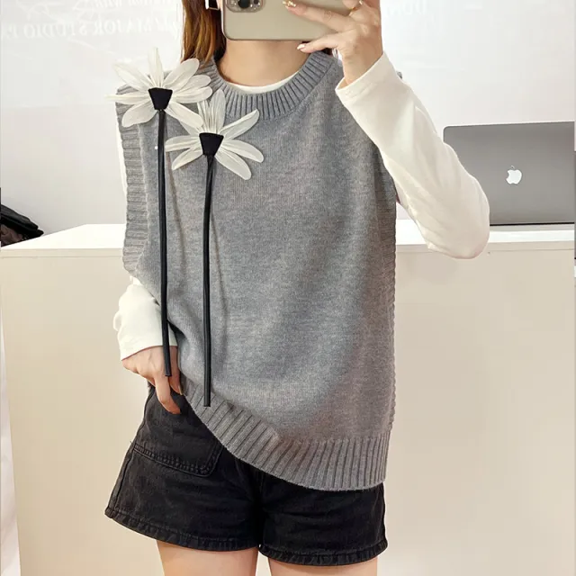 Women's Round neck Loose Knitted Sweater Vest Gray - Shop at LoveMi