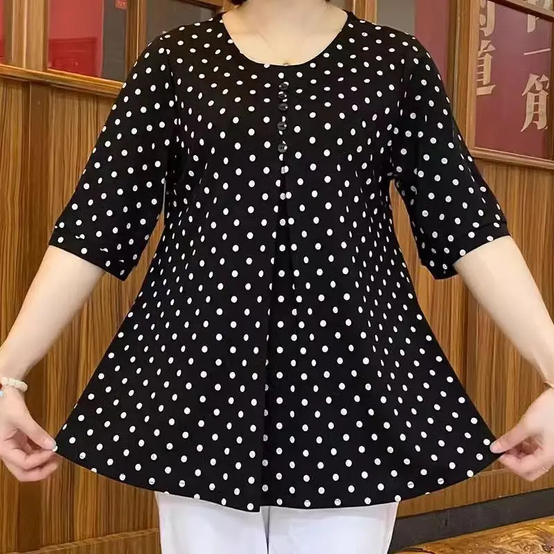 Round Neck Temperament Youthful-looking Korean Style Plus Size Medium Long Shirt Women's Polka Dot T-shirt - Black