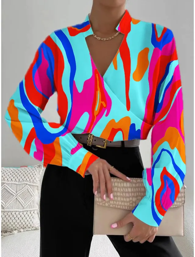 Women's Long sleeved V neck Stitching Shirt Color Stripes 2 S - Shop at LoveMi