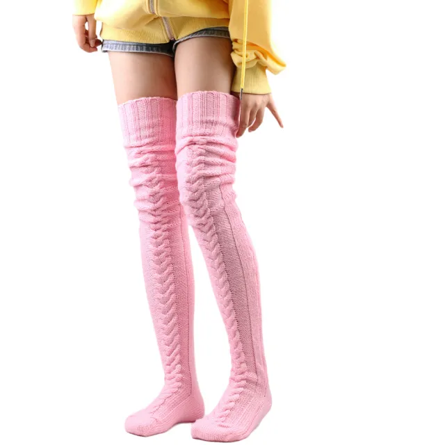 Solid Color Over Knee Stockings Bunching Socks Thick Pink - Shop at LoveMi