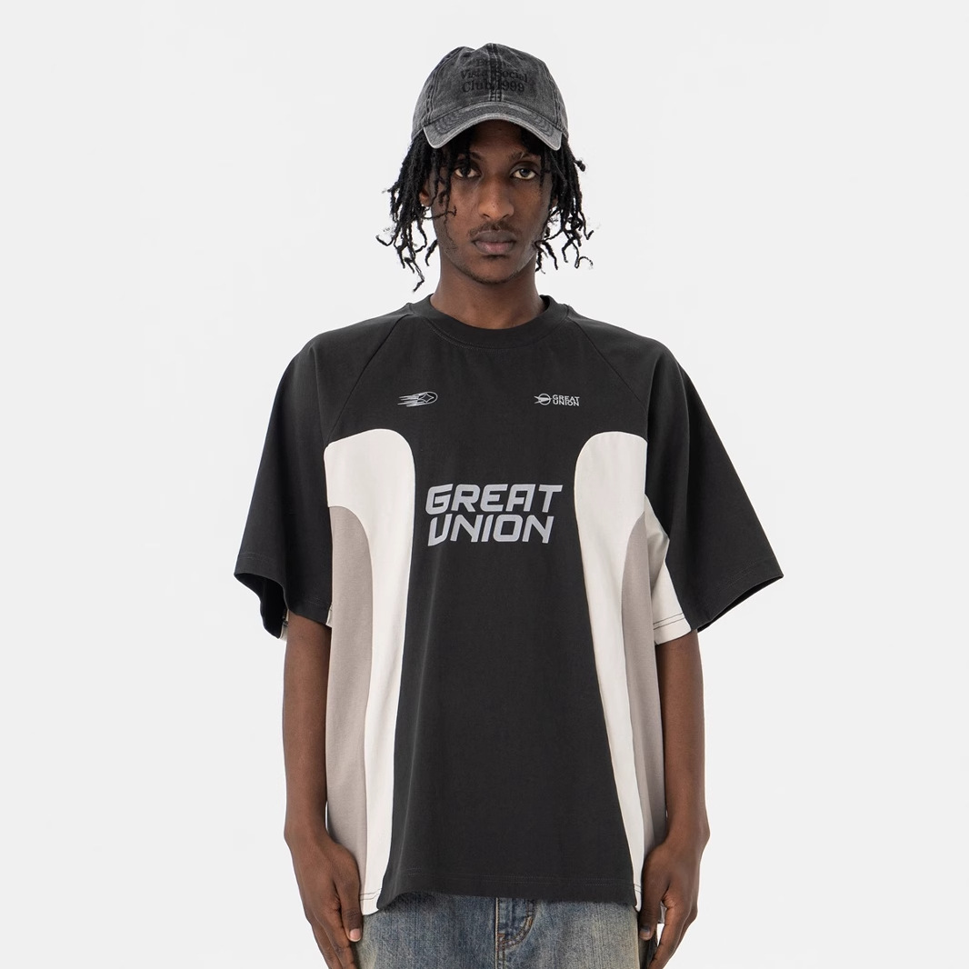 Mens American Retro Racing Club Patchwork Crewneck Short-Sleeve T-Shirt