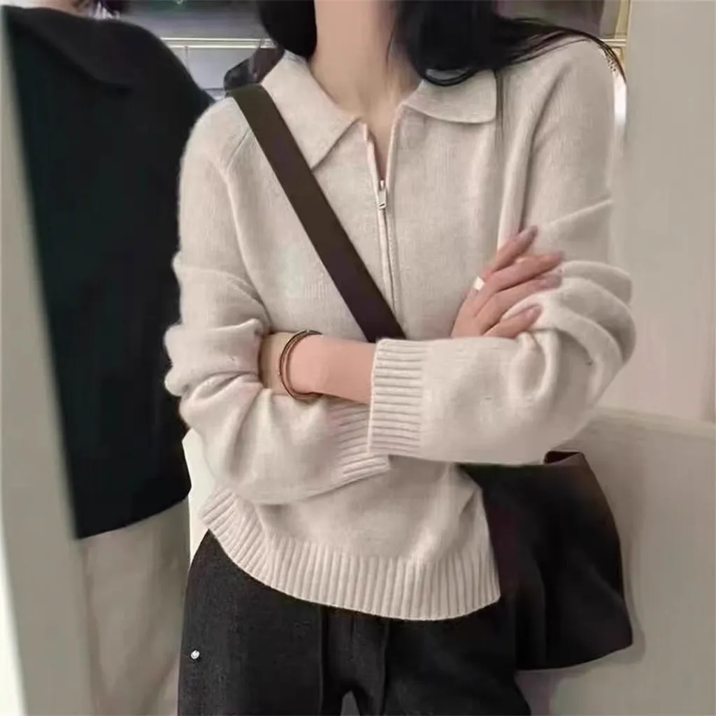 Lapel Half Zipper Solid Colour Sweater For Women Loose Pullover - White
