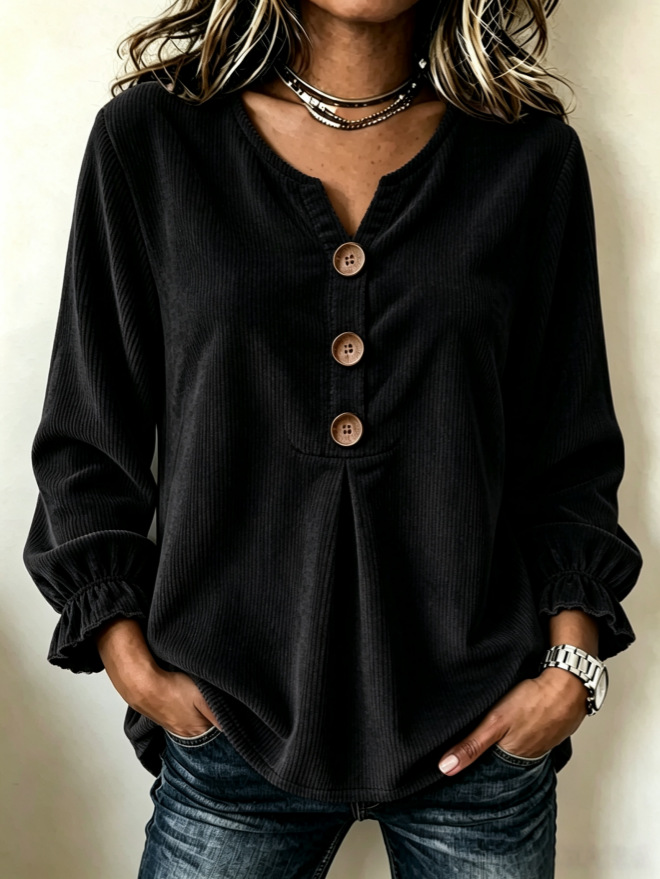 Women's minimalist corduroy top – regular fit side profile view