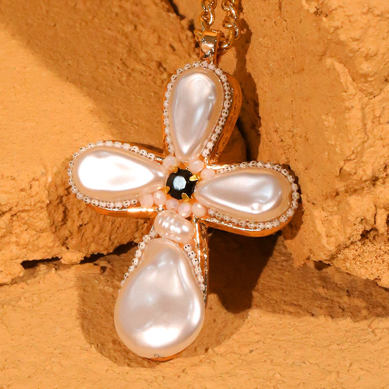 Original Pearl Cross Pendant Necklace Handmade