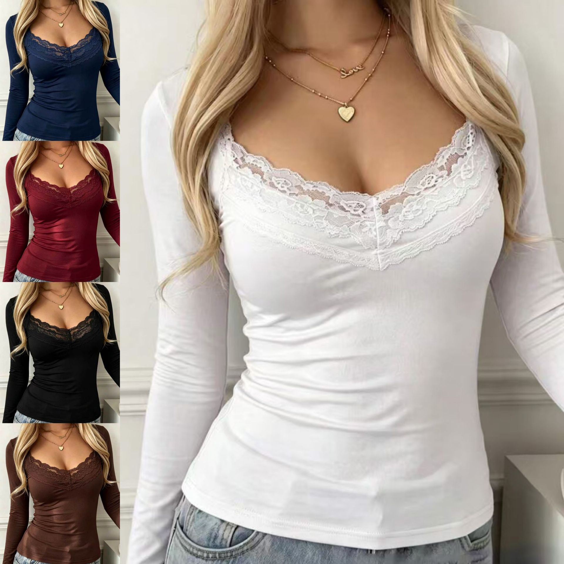 European And American-style Sexy Lace-trimmed V-neck Long-sleeve Bottoming Shirt