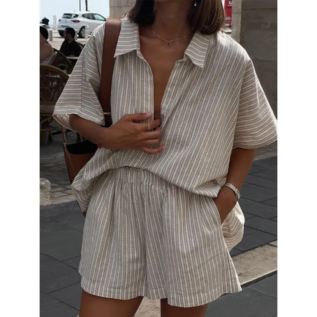 Fashion Casual Loose Striped Shirt Shorts Suit Khaki - Shop at LoveMi