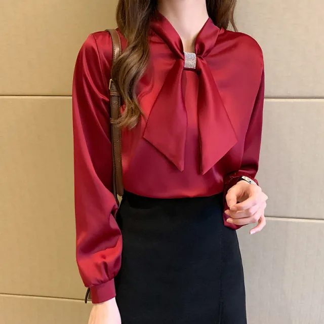 All match Butterfly Bow Tie Long sleeved Shirt Women's Top Wine Red - Shop at LoveMi