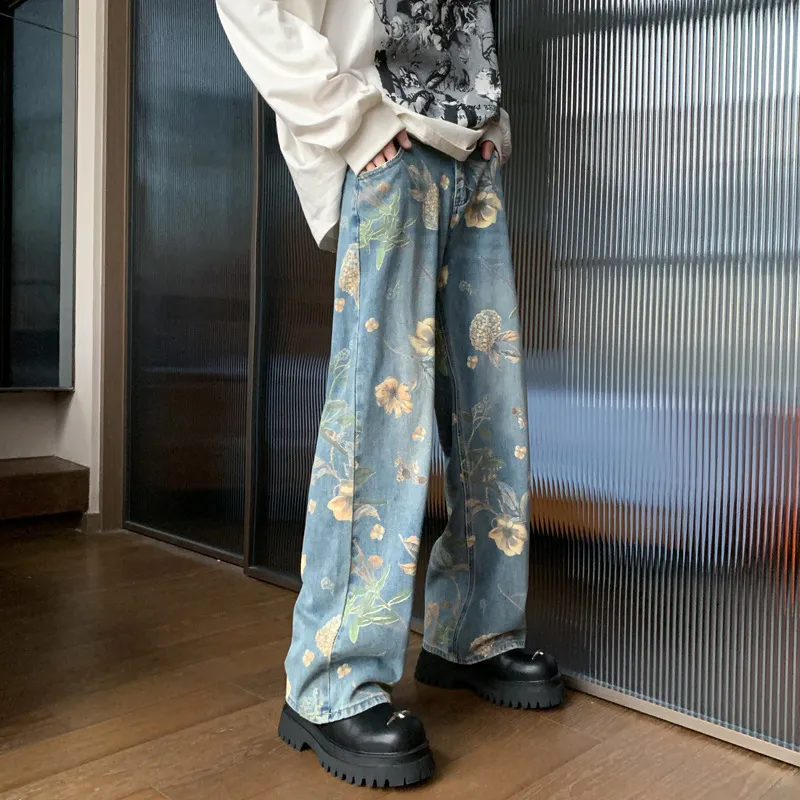 Men's Printed Floral Wide-leg Washed Jeans Mid-waist Straight Pants - Blue