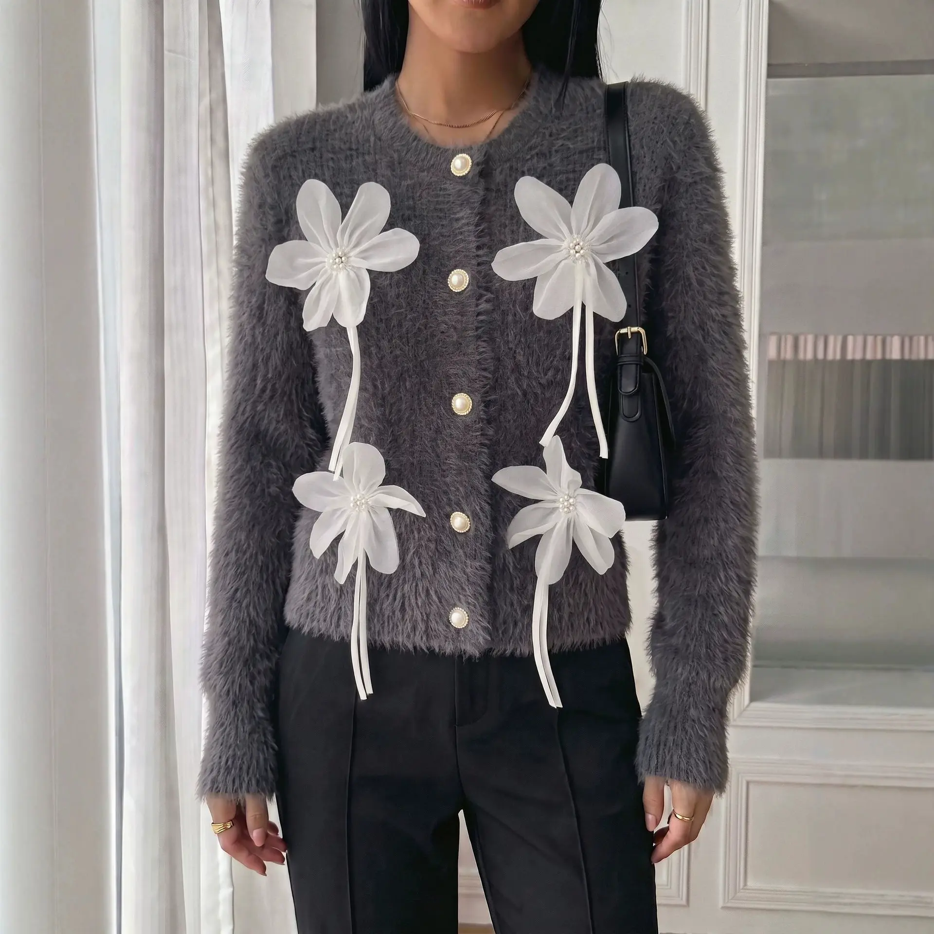 Womens Three-dimensional Floral Knitted Cardigan Sweater