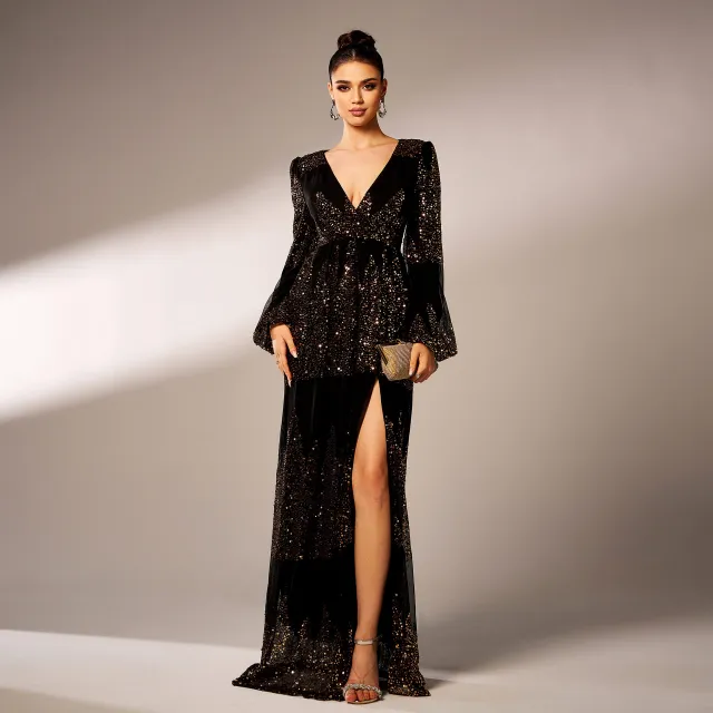 Long Sleeve V neck Sexy Long Sequined Evening Dress Black Gold - Shop at LoveMi