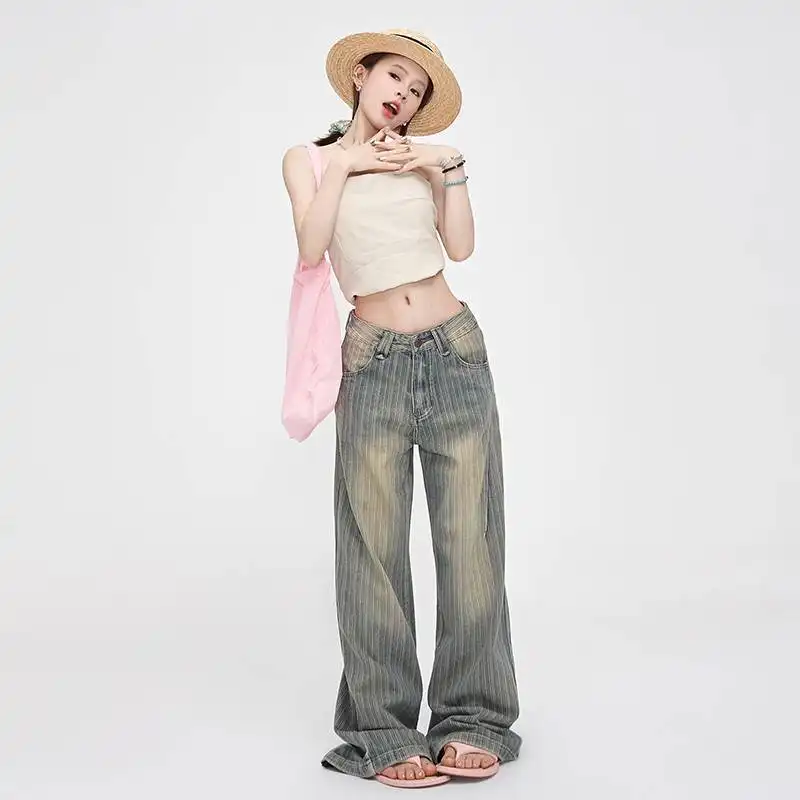 Retro Light-colored Distressed Low-rise Striped Jeans