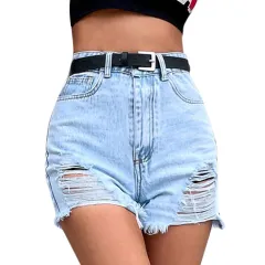 Fashionable High-Waisted Denim Ripped Women's Shorts - Light Blue - View 1