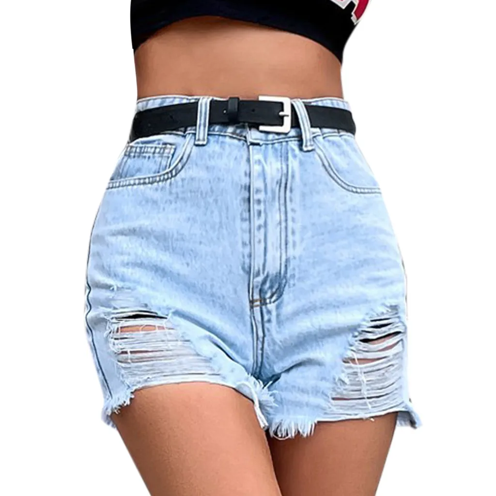 Fashionable High-Waisted Denim Ripped Women's Shorts - Light Blue