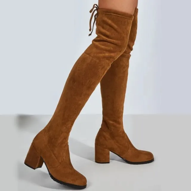 Mid High Tube Chunky Heel High Heel British Style Fashion All match Stretch Boots Brown - Shop at LoveMi