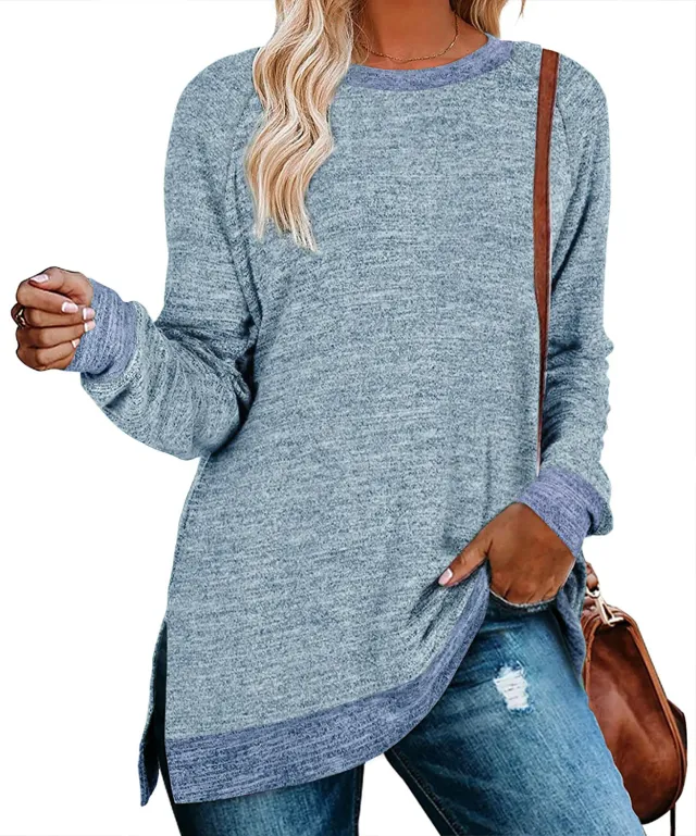 Long Sleeve Round Neck Multicolor Split Top Loose Leisure Pullover T shirt Light Blue - Shop at LoveMi