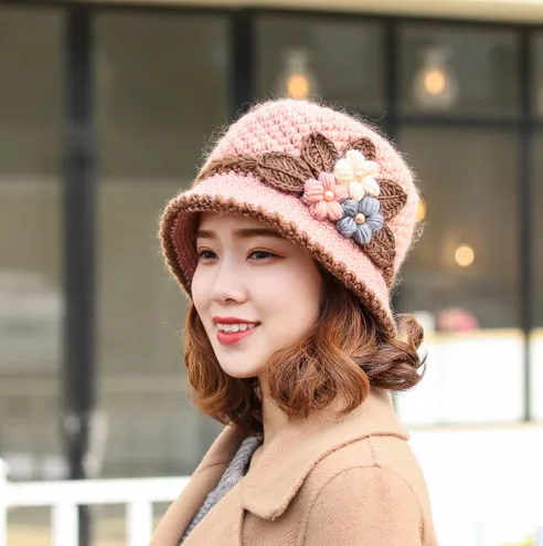 Autumn And Winter Women's Knitted Woolen Cap Warm Ear Protection Windproof Fleece Lining Pink - Shop at LoveMi