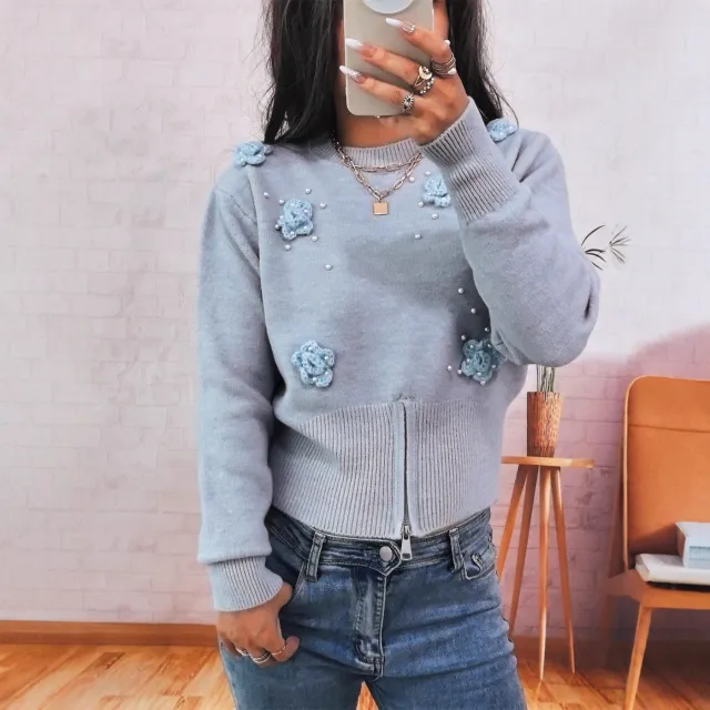 Three dimensional Flower Pearl Elegant Zipped Round Neck Sweater Blue - Shop at LoveMi