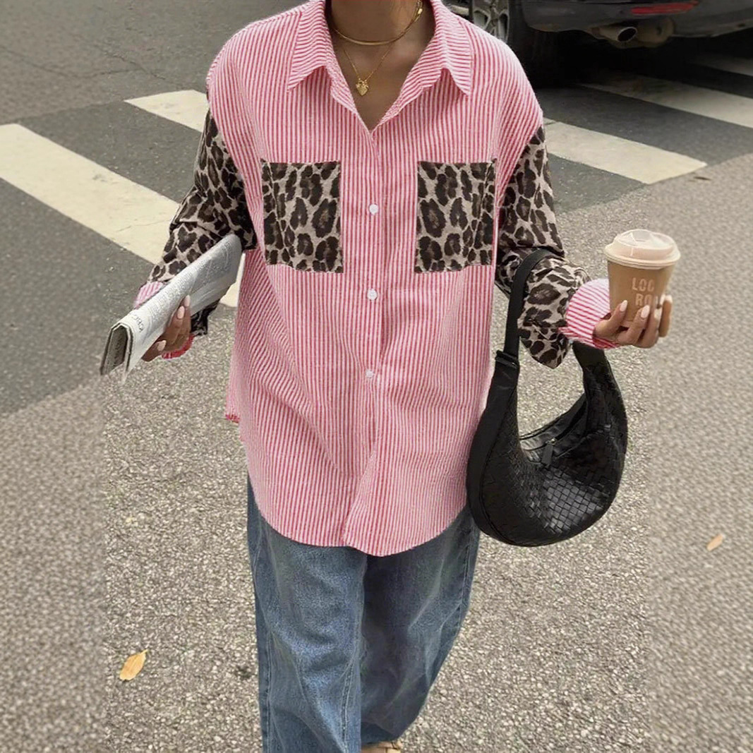 Womens Loose Casual Leopard-Print Patchwork Striped Pocket Long-Sleeve Shirt For Amazon