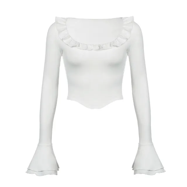Tree Fungus like Lacework Round Neck Long Sleeve Flared Sleeves Top White - Shop at LoveMi