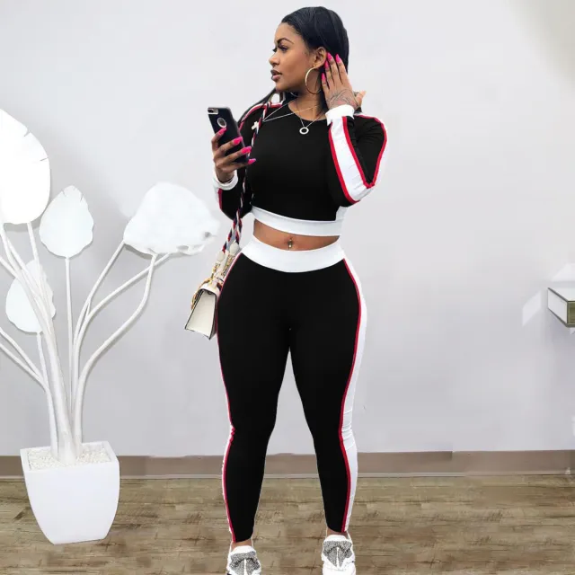 Fashion Casual Contrast Color Two piece Set Autumn And Winter Sports Sweater Suit Black - Shop at LoveMi