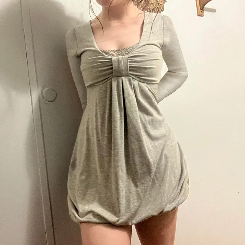 Pure Desire Girl Bow Stitching Fake Two-piece Skirts - Gray
