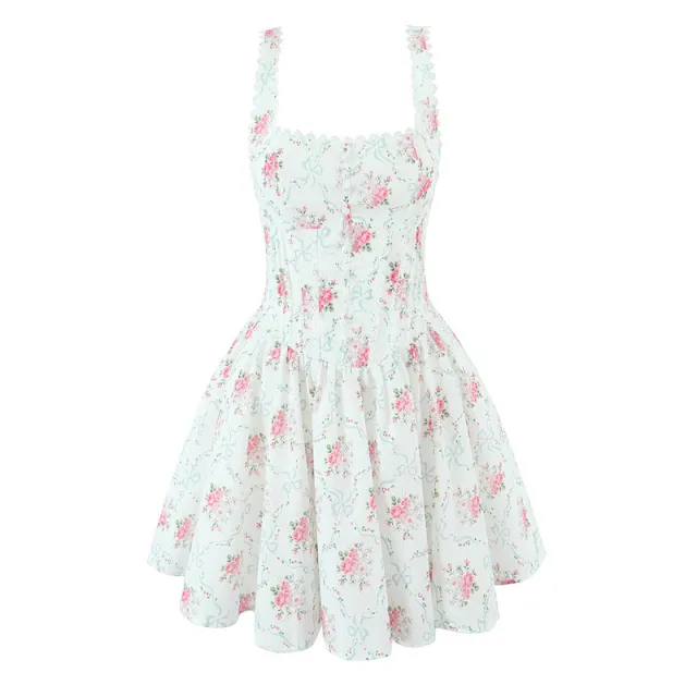 Rose Printed Lace Stitching Cotton Mini Dress White - Shop at LoveMi