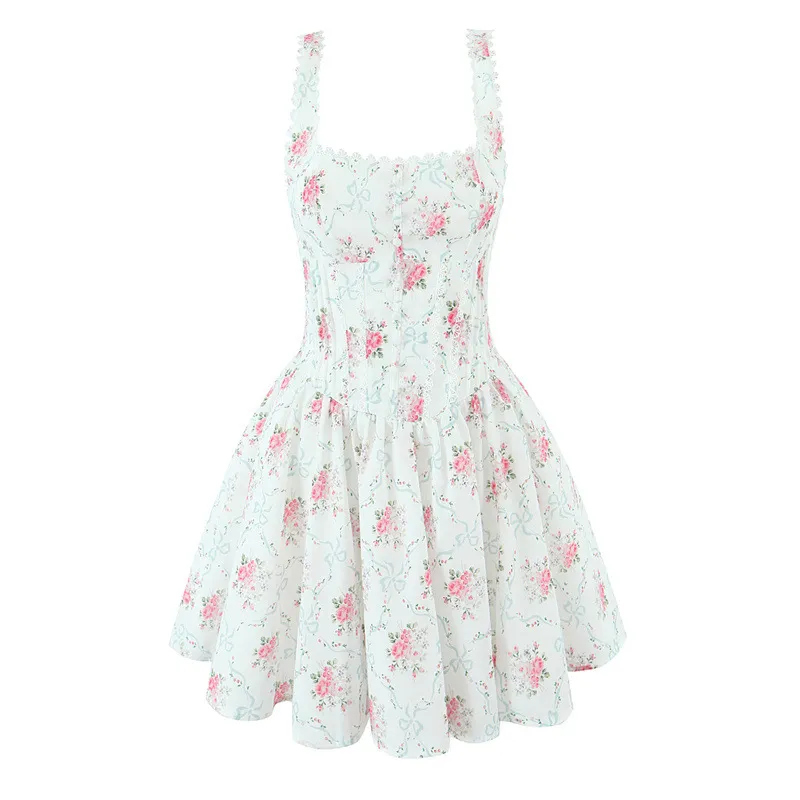 Rose Printed Lace Stitching Cotton Mini Dress - White