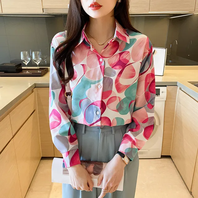 Women's Print Versatile Simple Temperament Long Sleeved Shirt Small Circle Pink - Shop at LoveMi