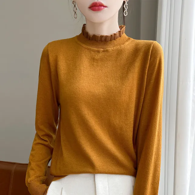 Solid Color Stringy Selvedge Loose Bottoming Shirt Top Half High Collar Yellow - Shop at LoveMi