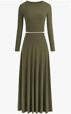 Casual Rib Knitted Long Sleeves Cropped Top Extra Long Piaise Skirt With Suit - Army Green - View 1